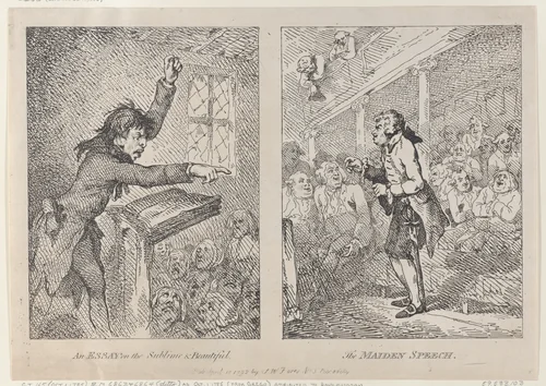 An Essay on the Sublime & Beautiful; The Maiden Speech by Thomas Rowlandson, print, 1785-1792