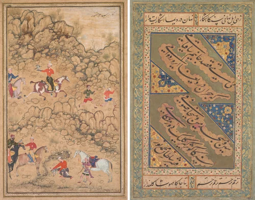 Hunting with falcons in a landscape; verso: Calligraphy of Chaghatai Turkish poems in praise of wine, Sultan Muhammad Nur (Persian, c. 1472–1536) and Mirza Muhammad (probably Persian, active c. 1520s) by Abd al-Samad, painting, 1553-1565