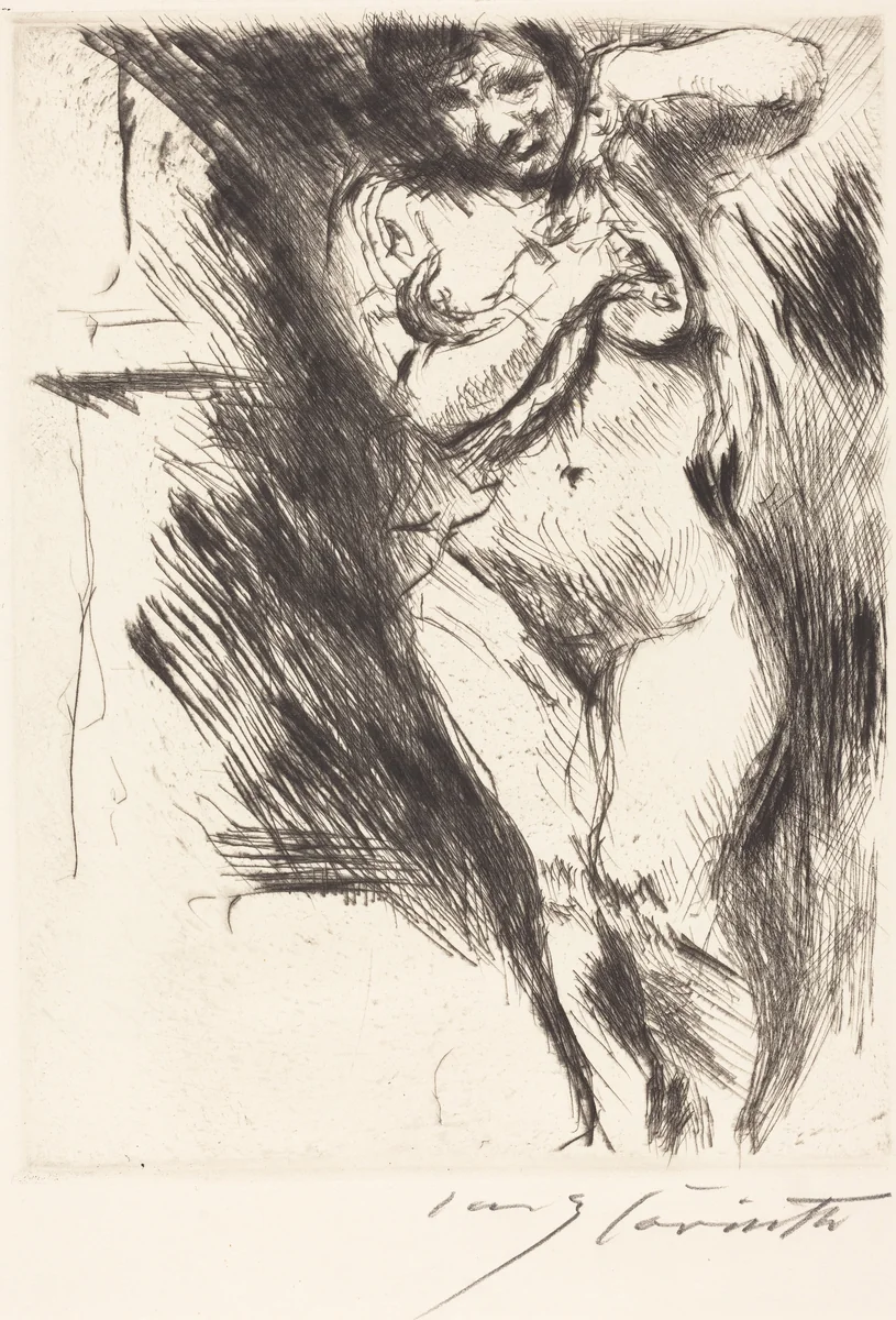 Akt mit hochgehobenem Hemd (Woman Undressing) by Lovis Corinth, print, 1921