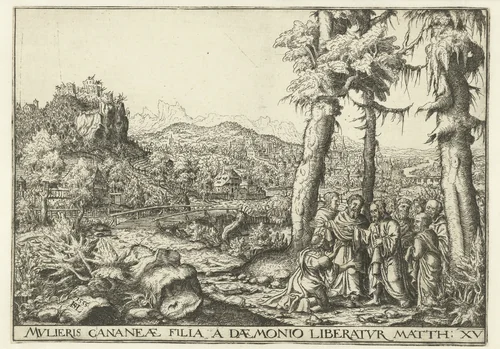 Landschap met Christus en de vrouw uit Kanäan by Unknown, print, 1555
