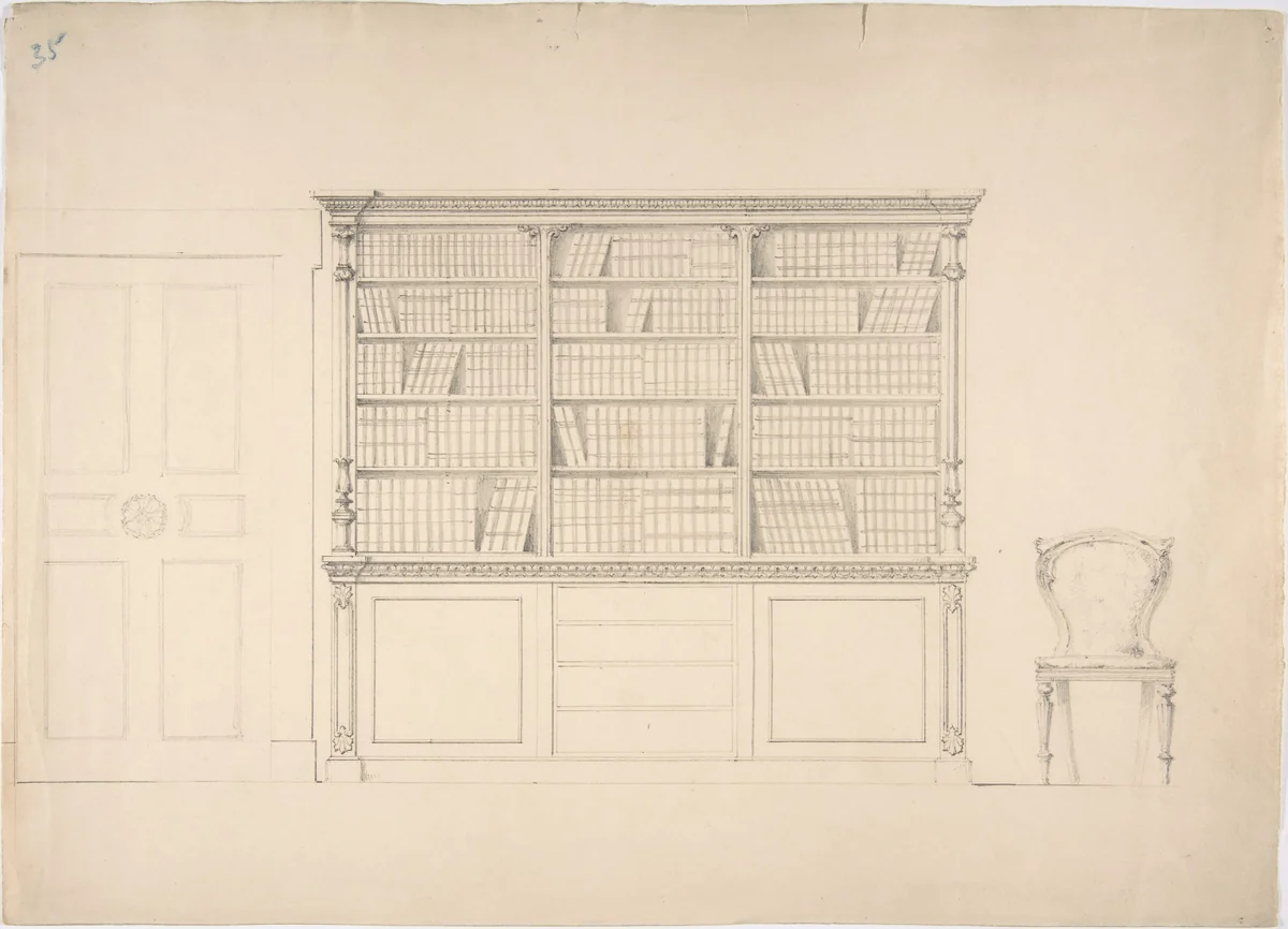 Design for a Large Bookcabinet, with a Door at Left and a Chair at Right by anonymous, drawing, 1800-1850