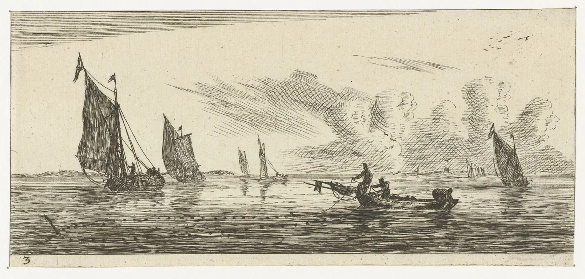 Zeegezicht met verschillende zeilschepen by Reinier Nooms, print, 1651-1652