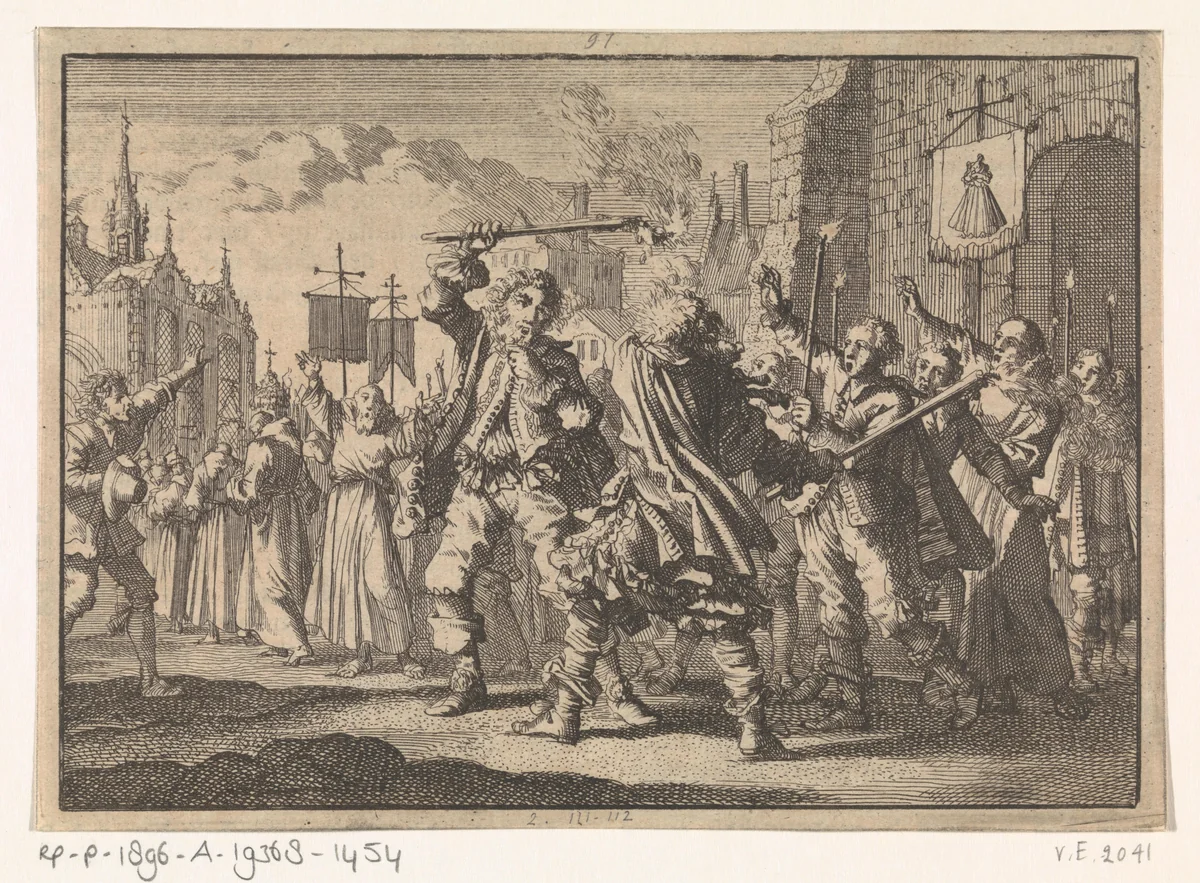 Twist te Presburg (Bratislava) tussen inwoners van Mantua en Genua over voorrang in een processie, 1655 by Jan Luyken, print, 1698