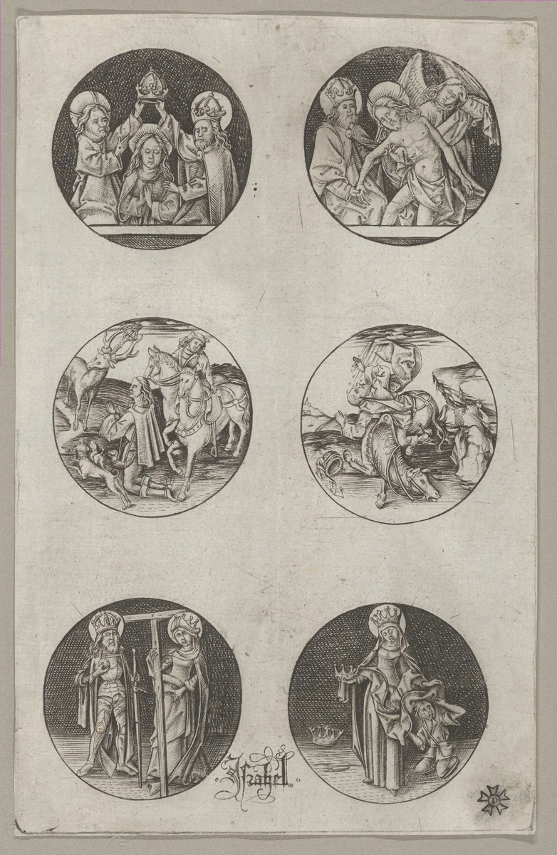 Six Roundel Patterns for a Goldsmith: the Coronation of the Virgin, God the Father with the Body of Christ, St. Eustace or St. Hubert, the Conversion of St. Paul, Charlemagne and St. Helen, and St. Elizabeth by Israhel van Meckenem, print, 1450-1505