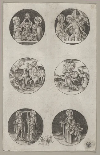 Six Roundel Patterns for a Goldsmith: the Coronation of the Virgin, God the Father with the Body of Christ, St. Eustace or St. Hubert, the Conversion of St. Paul, Charlemagne and St. Helen, and St. Elizabeth by Israhel van Meckenem, print, 1450-1505