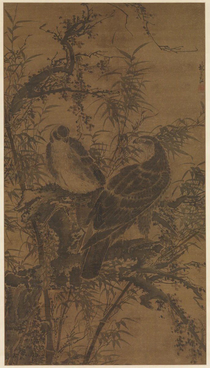 Two hawks in a thicket by Lin Liang, painting, 1416-1480