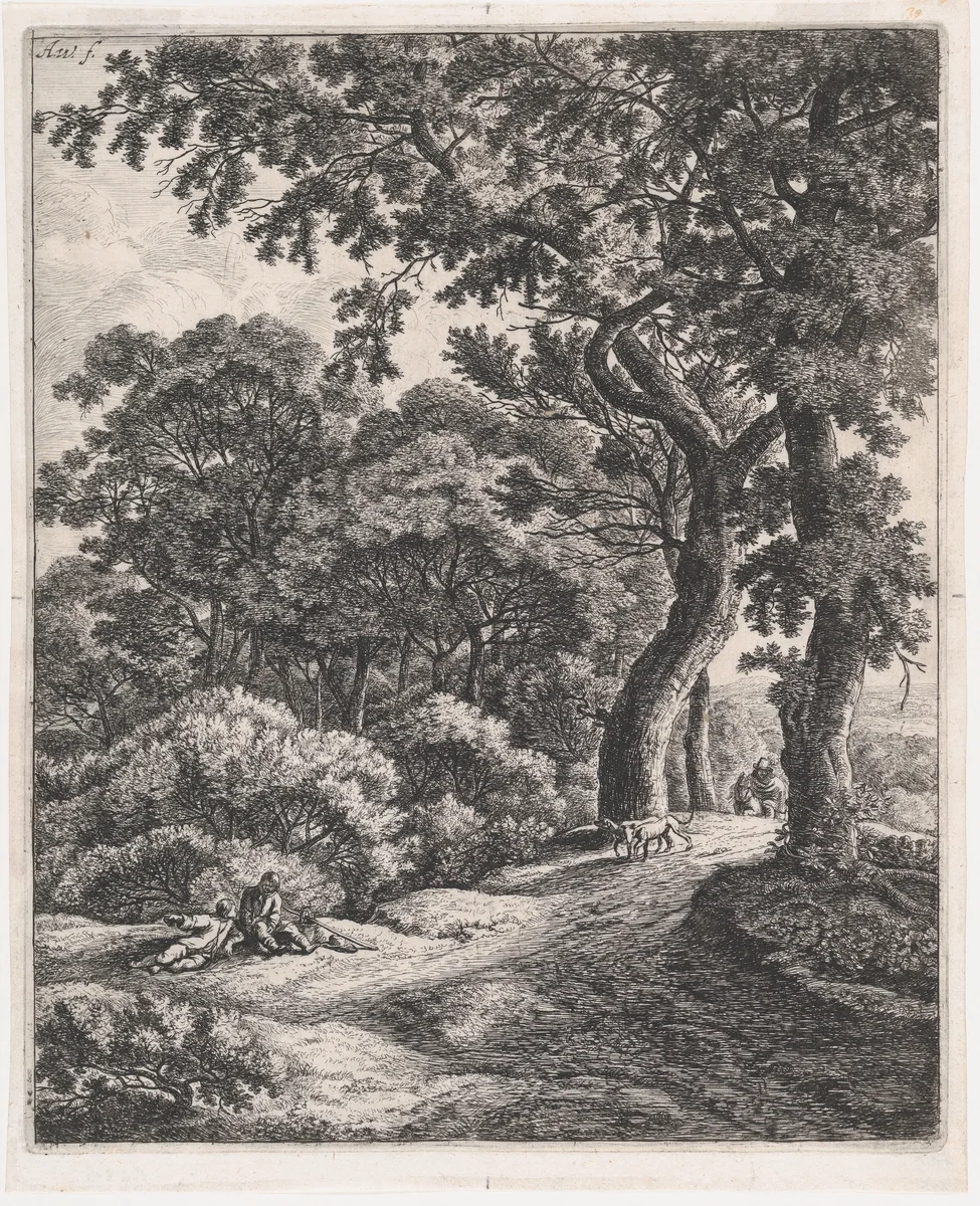 Two Travelers Resting in the Woods by Anthonie Waterloo, print, 1620-1690