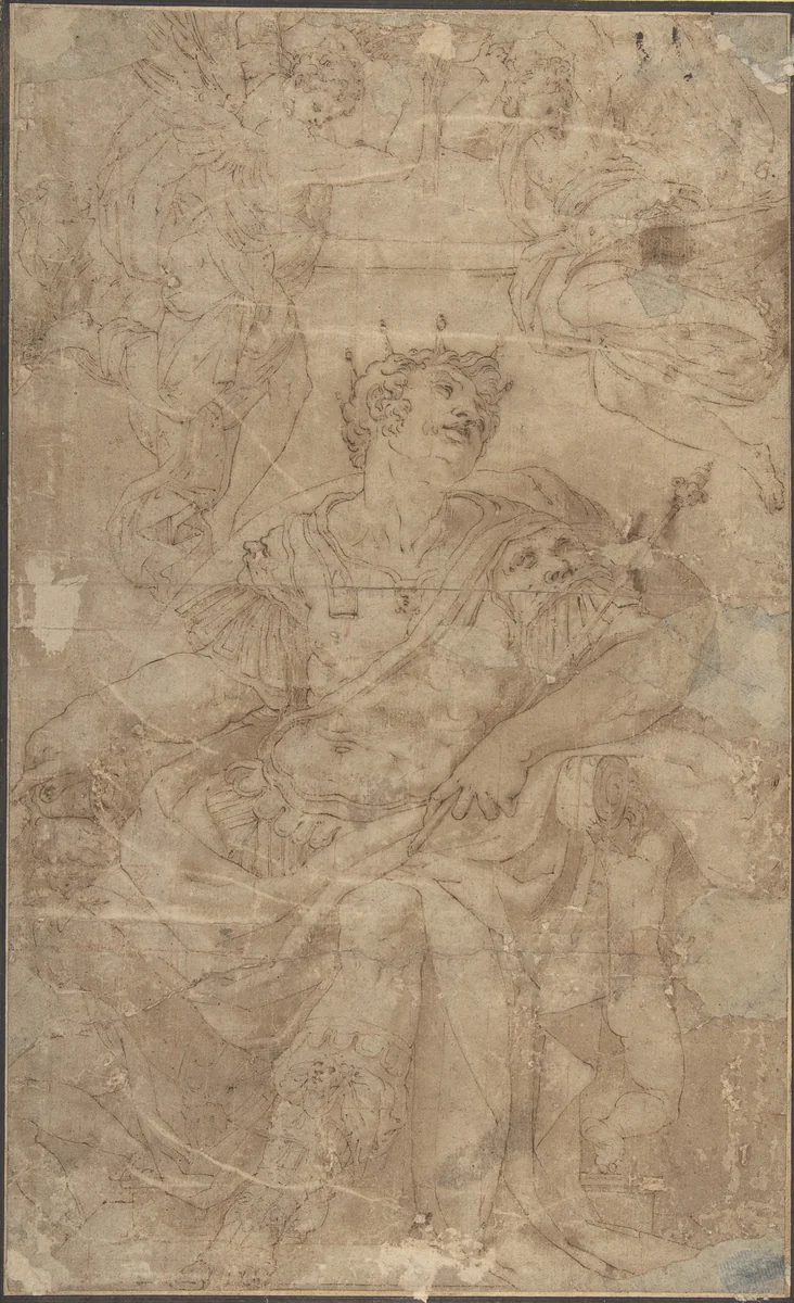 A Seated King in Armor (King David?) by Orazio Samacchini, drawing, 1500-1600