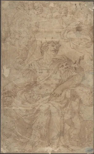 A Seated King in Armor (King David?) by Orazio Samacchini, drawing, 1500-1600