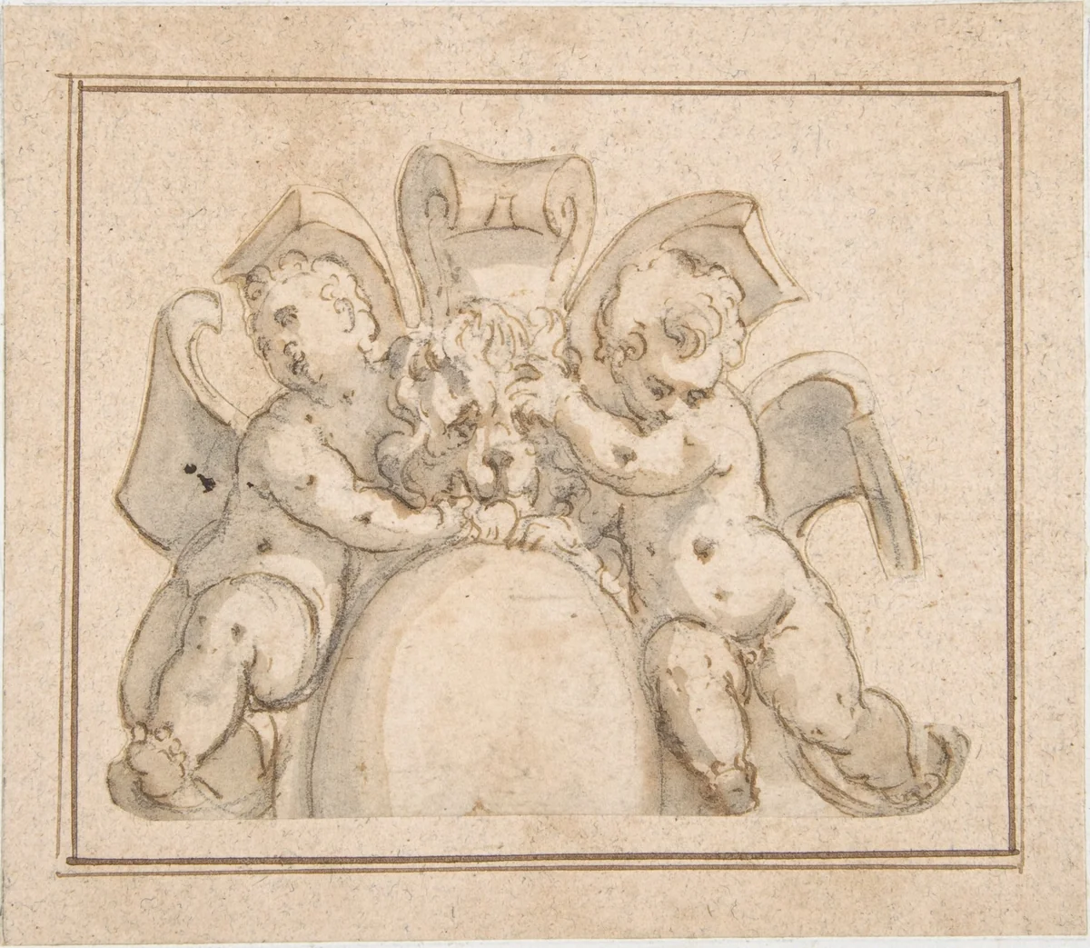 Strapwork Cartouche with Putti and a Lion's Mask by anonymous, drawing, 1600-1699