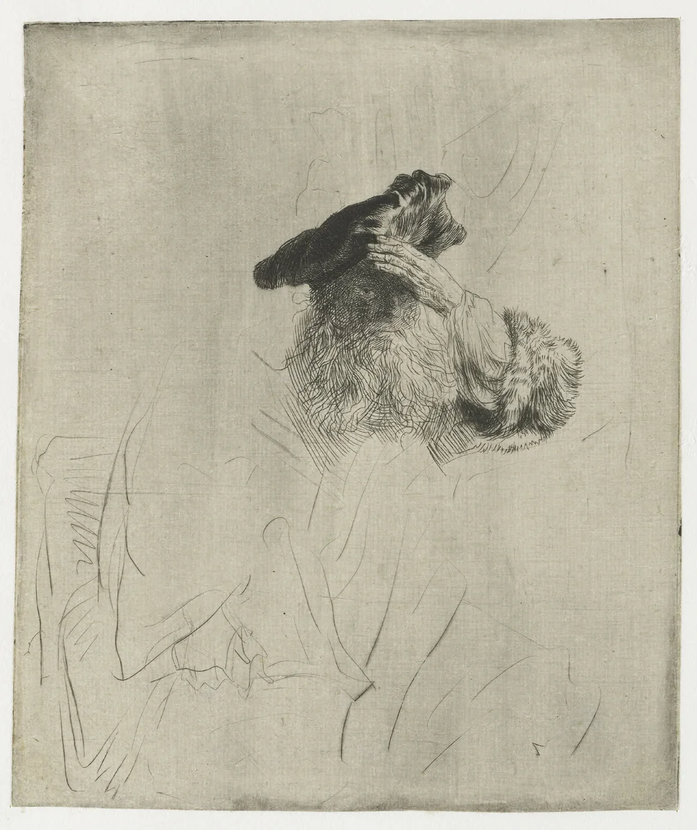 Old man shading his eyes with his hand by Rembrandt van Rijn, print, 1639