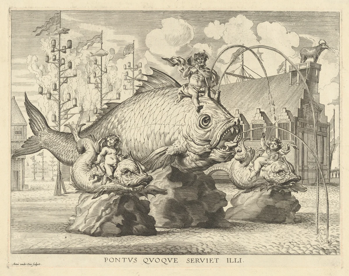 Fish Construction in Honor of the Entry of Cardinal-Infante Ferdinand into Ghent in 1635 by Anton van der Does, print, 1636