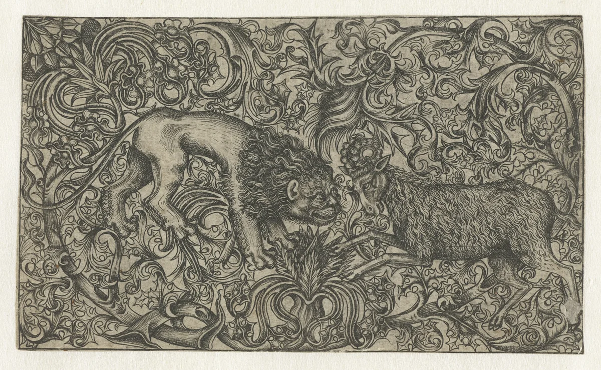 Ornament met leeuw en ram by Monogrammist HW, print, 1480-1490
