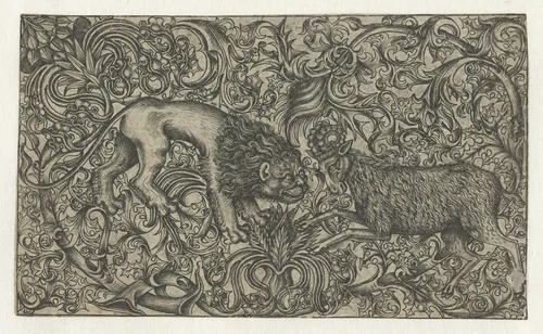 Ornament met leeuw en ram by Monogrammist HW, print, 1480-1490