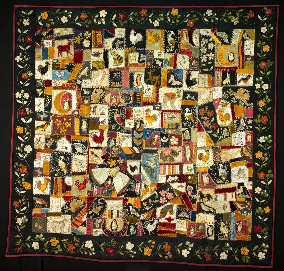 Crazy Quilt with Animals by Florence Elizabeth Marvin, textile, 1886