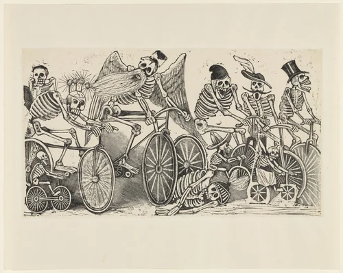 Calavera of the Cyclists (Calavera las biciletas) by José Guadalupe Posada, print, 1889