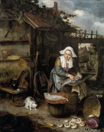 A Housewife in an inner Courtyard Cleaning Fish by Hendrik Potuyl, painting, 1639-1649