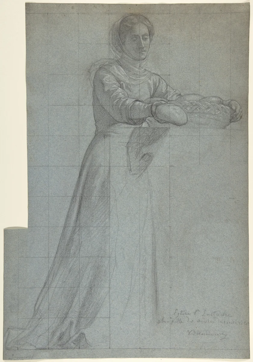 A Woman Distributing Bread from a Basket: Study for "Feed the Hungry," in the Chapel of the Seven Corporal Works of Mercy (Les Oeuvres de Miséricorde), Church of Saint-Eustache, Paris by Victor-François-Eloi Biennourry, drawing, 1850-1853