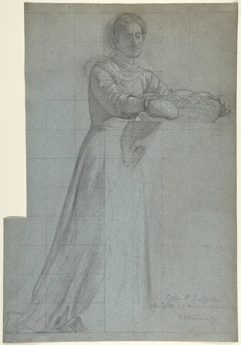 A Woman Distributing Bread from a Basket: Study for "Feed the Hungry," in the Chapel of the Seven Corporal Works of Mercy (Les Oeuvres de Miséricorde), Church of Saint-Eustache, Paris by Victor-François-Eloi Biennourry, drawing, 1850-1853