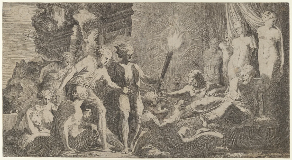 Hercules surprising Fanus who mistook him for Omphale by Léon Davent, print, 1540-1556
