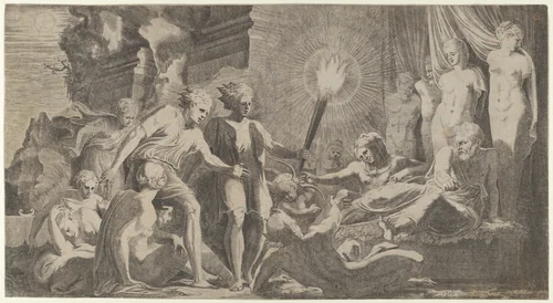 Hercules surprising Fanus who mistook him for Omphale by Léon Davent, print, 1540-1556