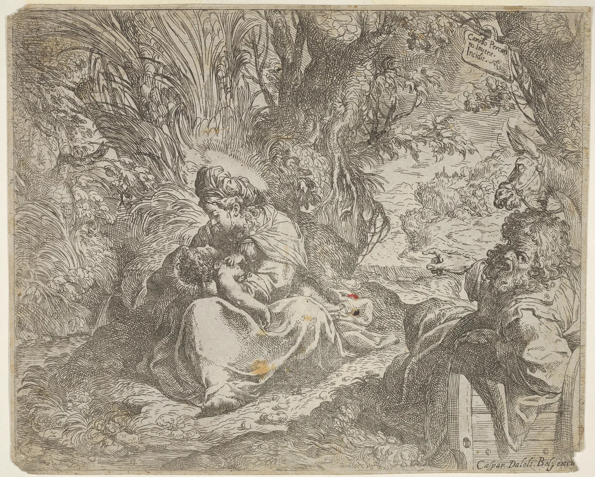 Rest on the flight into Egypt, the Virgin seated on grass in a grove with the Christ Child in her lap, at right Joseph reclines and points toward them, a donkey beyond Joseph by Camillo Procaccini, print, 1583-1601