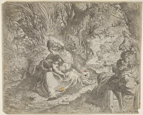 Rest on the flight into Egypt, the Virgin seated on grass in a grove with the Christ Child in her lap, at right Joseph reclines and points toward them, a donkey beyond Joseph by Camillo Procaccini, print, 1583-1601