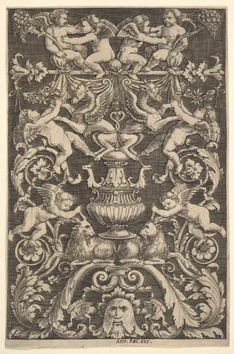A panel of ornament with putti, goat and other figures by Master of the Die, print, 1530-1560