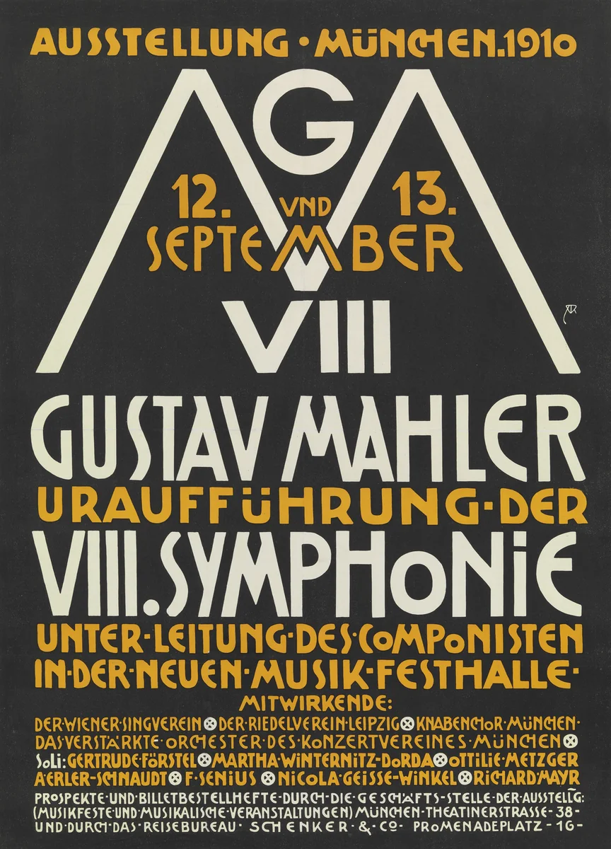 Gustav Mahler, Uraufführung der VIII Symphonie (Gustav Mahler, Premiere of Eighth Symphony) (Poster for world premiere of Gustav Mahler’s 8th Symphony in Der neue Musik Festhalle, Munich, Germany) by Alfred Roller, design, 1910