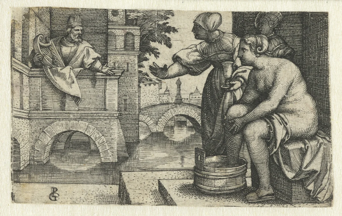 David ziet Batseba in zijn tuin baden by Unknown, print, 1529-1533