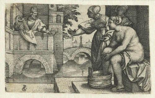 David ziet Batseba in zijn tuin baden by Unknown, print, 1529-1533