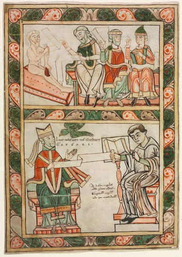 Title Page of St. Gregory's "Moralia": Job Visited by His Three Friends (above) and Gregory the Great and His Deacon Peter (below) by Abbot Frowin, manuscript, 1143-1178