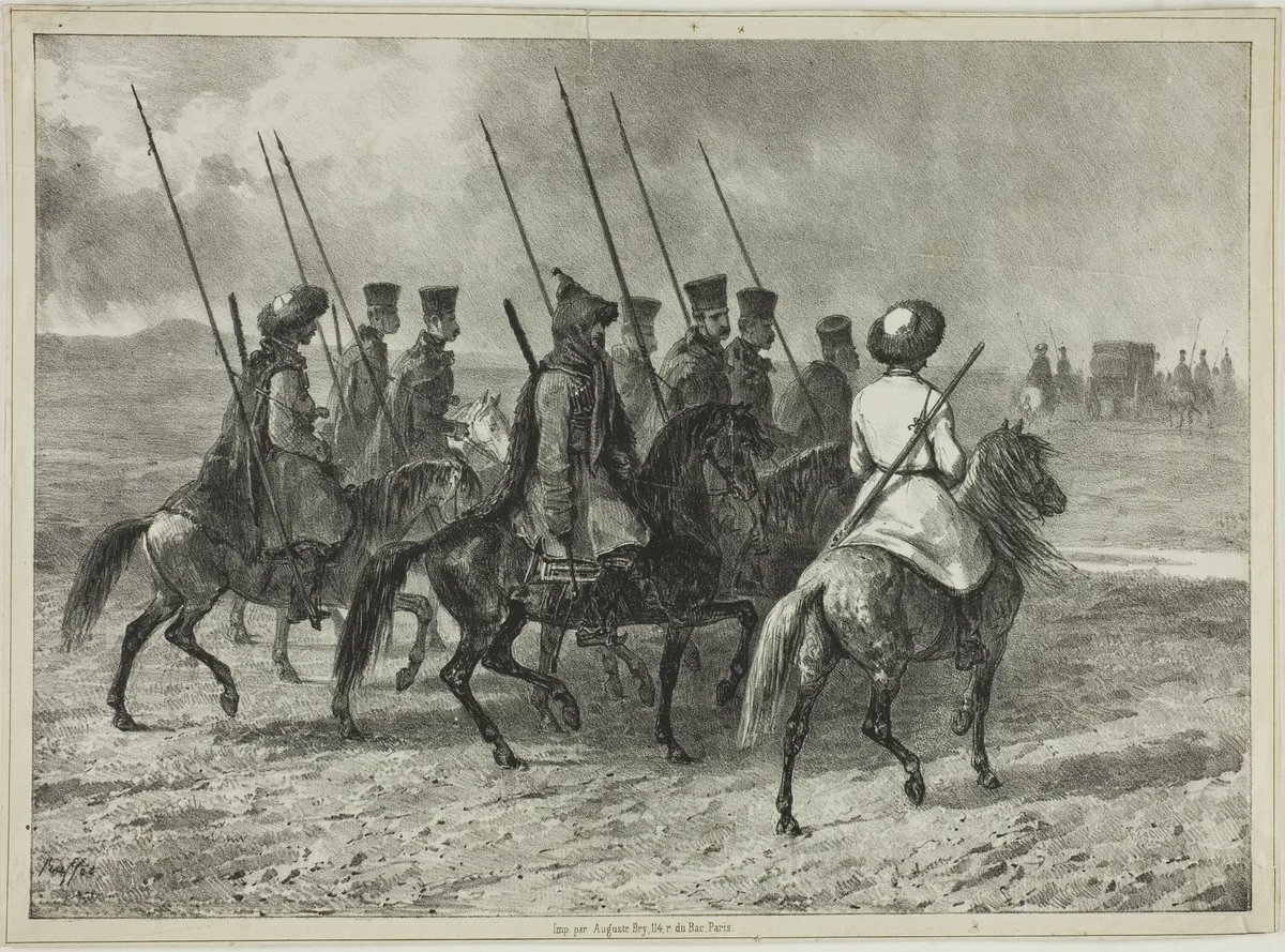 Cossack Escort to the Border of Kuban, Taman (Central Russia), October 11, 1837 by Denis Auguste Marie Raffet, print, 1838