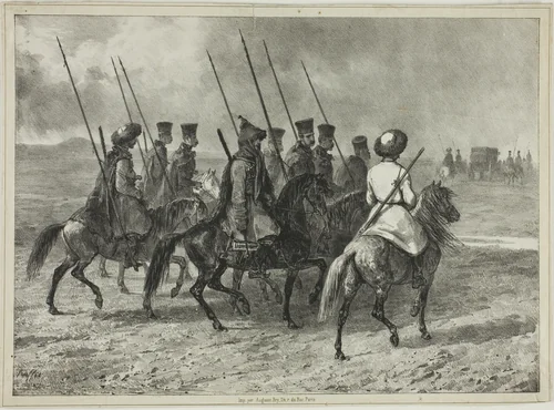 Cossack Escort to the Border of Kuban, Taman (Central Russia), October 11, 1837 by Denis Auguste Marie Raffet, print, 1838