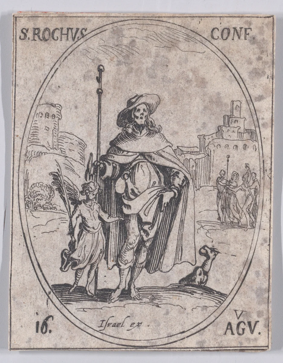 S. Roch, confesseur (St. Roch, Confessor), August 16th, from "Les Images De Tous Les Saincts et Saintes de L'Année" (Images of All of the Saints and Religious Events of the Year) by Jacques Callot, print, 1636