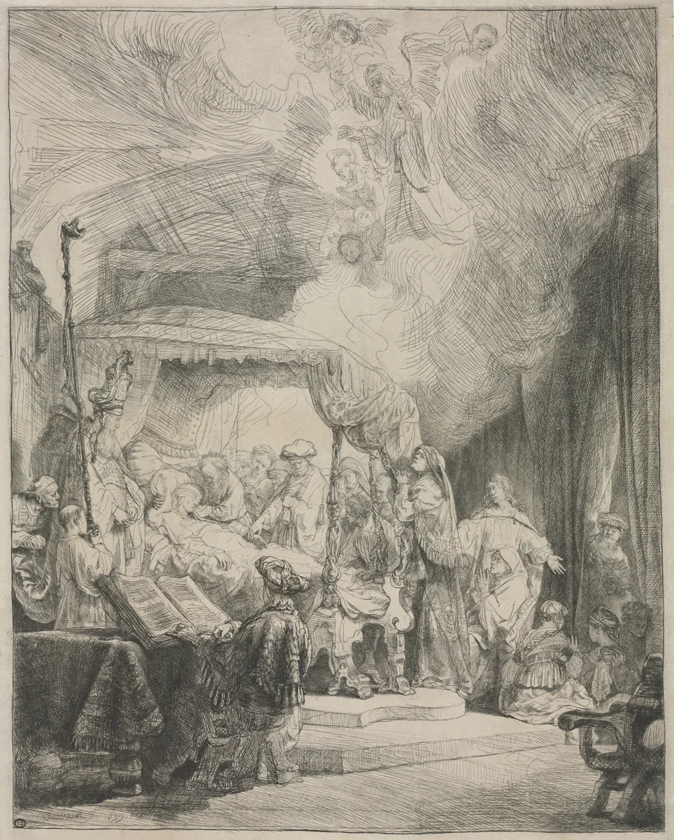 The Death of the Virgin by Rembrandt van Rijn, print, 1639