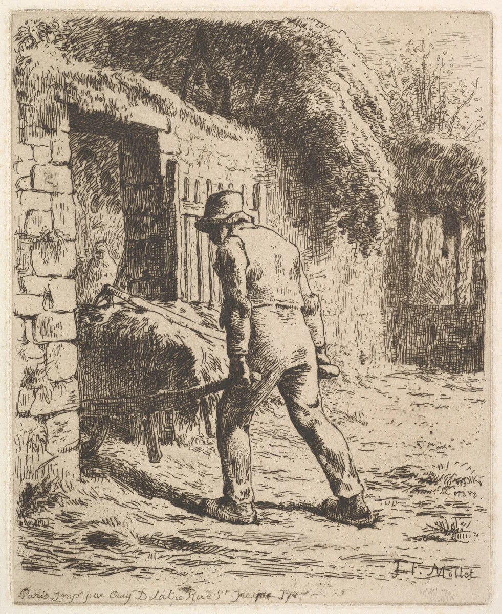 Peasant Pushing a Wheelbarrow by Jean-François Millet, print, 1855