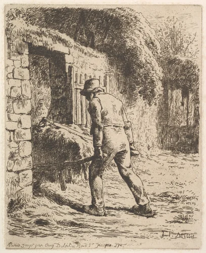 Peasant Pushing a Wheelbarrow by Jean-François Millet, print, 1855