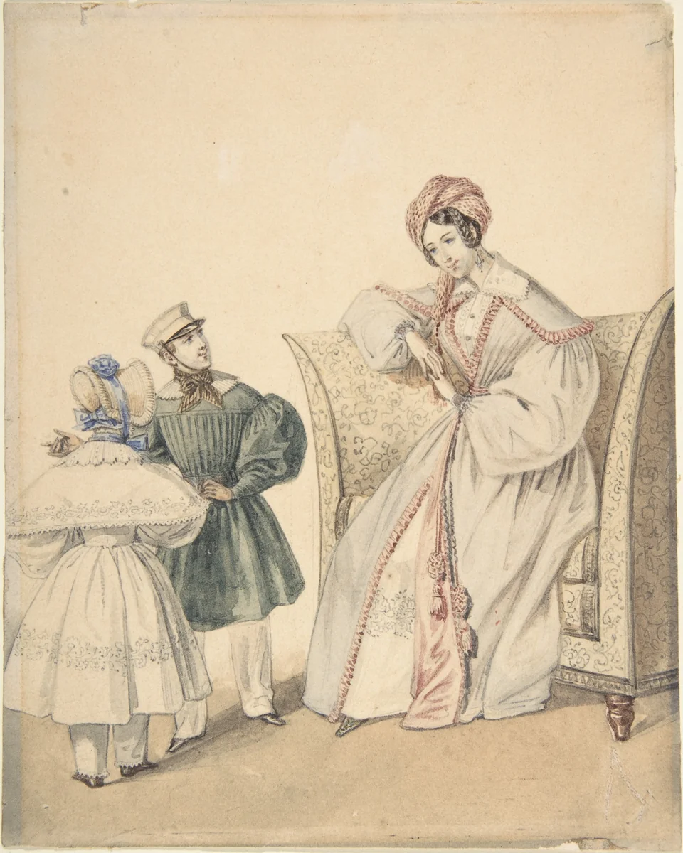 Fashion Drawing with a Woman Seated in a Chair with a Boy and Girl by Pierre-Numa Bassaget, drawing, 1800-1899