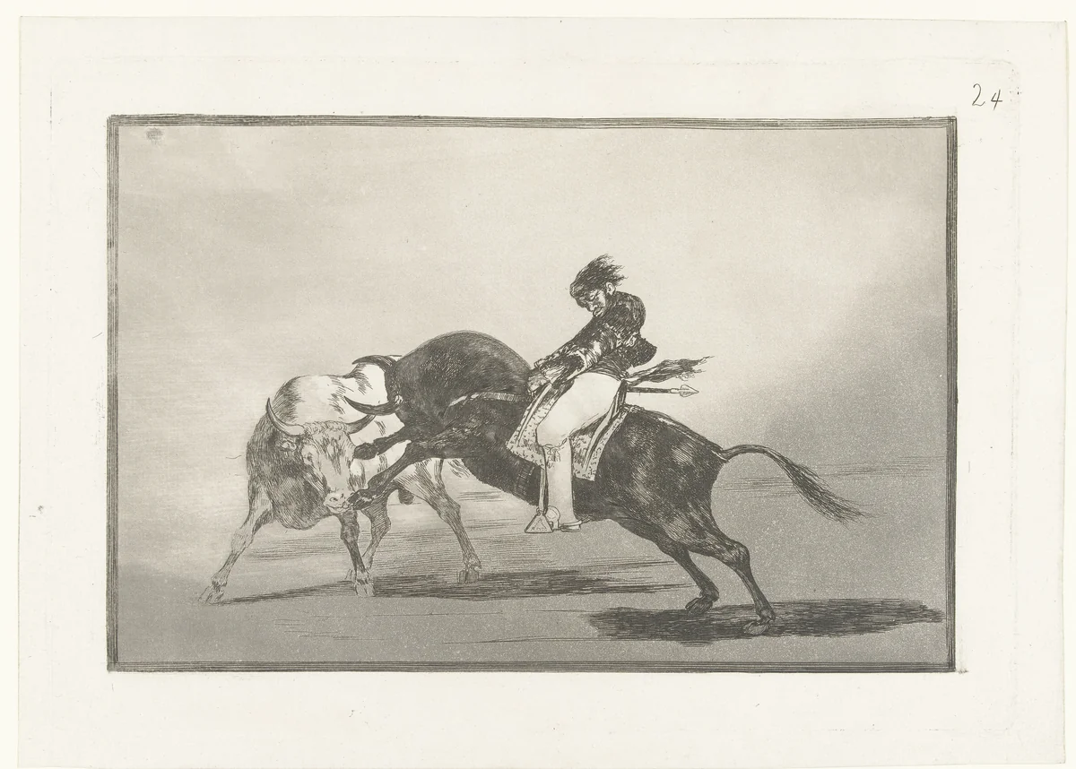 Mariano Ceballos rijdend op een stier by Francisco de Goya, print, 1811-1816
