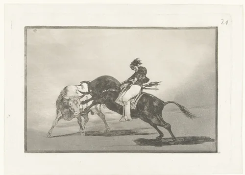 Mariano Ceballos rijdend op een stier by Francisco de Goya, print, 1811-1816