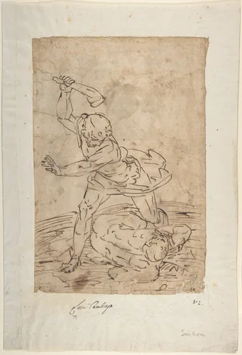 Study of Two Male Figures Fighting. by Luca Cambiaso, drawing, 1540-1585