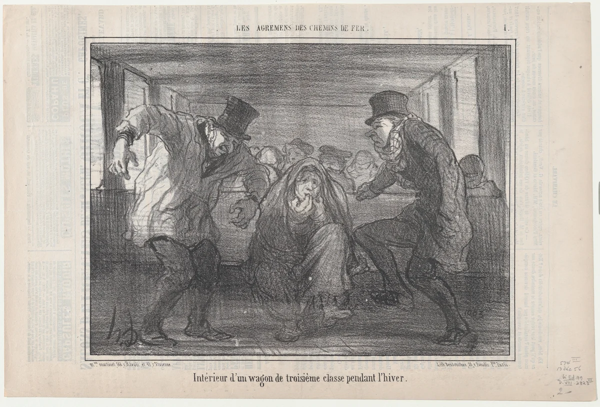 Intérieur d'un wagon de troisième classe..., from Les Agréments des Chemins de Fer, published in Le Charivari, December 13, 1856 by Honoré Daumier, print, 1856