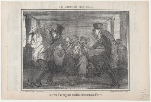 Intérieur d'un wagon de troisième classe..., from Les Agréments des Chemins de Fer, published in Le Charivari, December 13, 1856 by Honoré Daumier, print, 1856