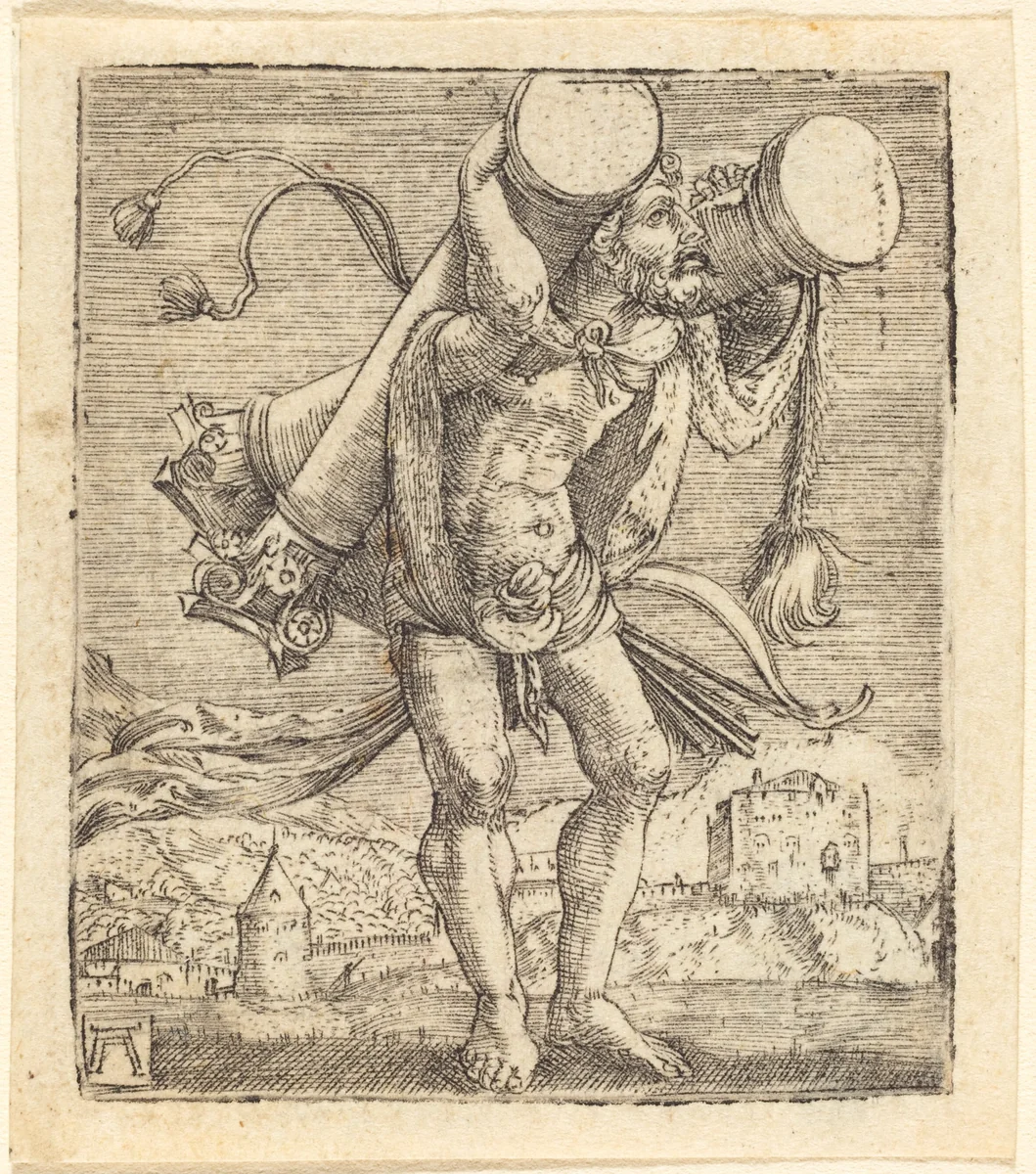 Hercules Bearing the Column of Gades by Albrecht Altdorfer, print, 1520-1525