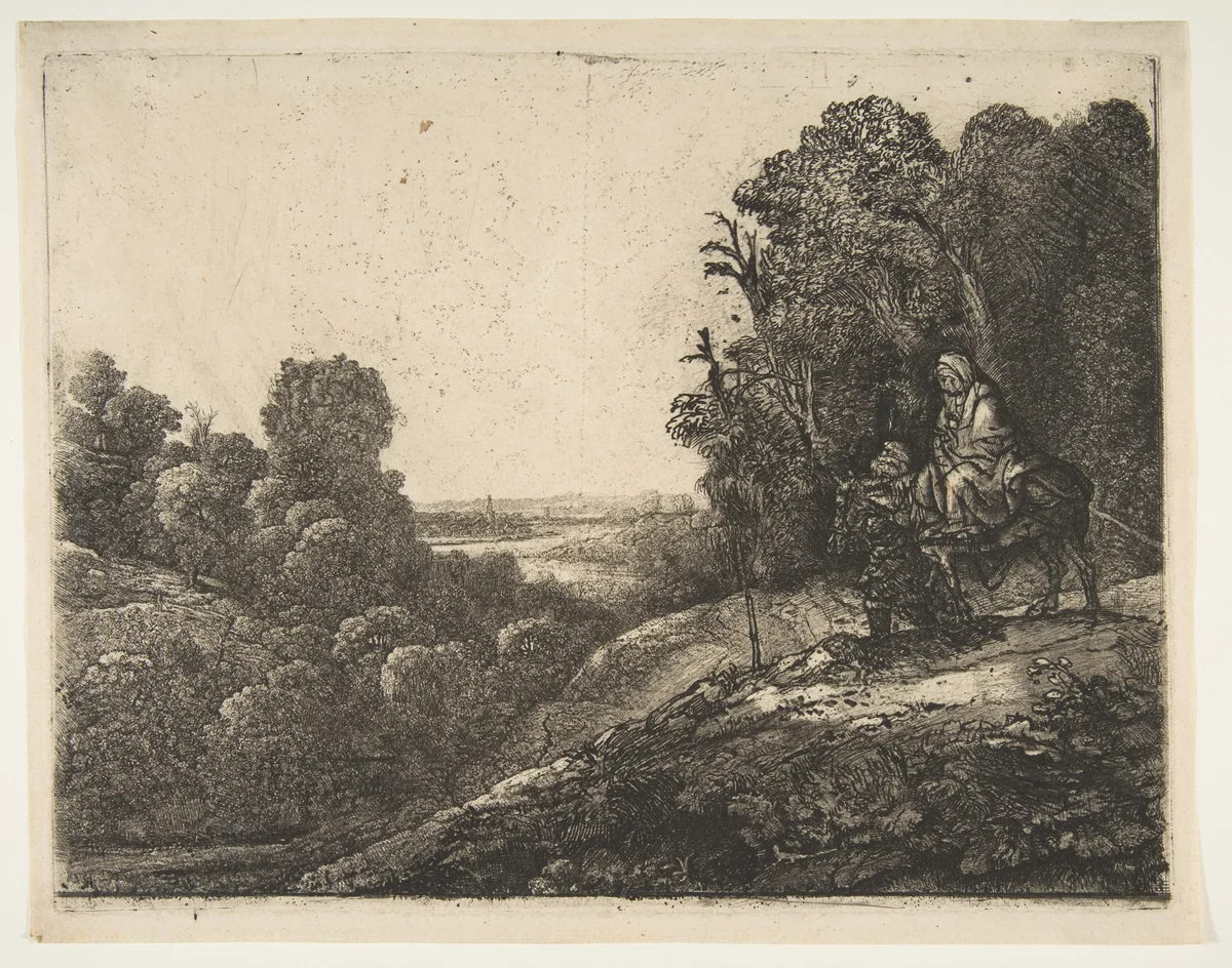 Flight into Egypt: Altered from Tobias and the Angel by Hercules Segers by Rembrandt van Rijn, print, 1648-1658