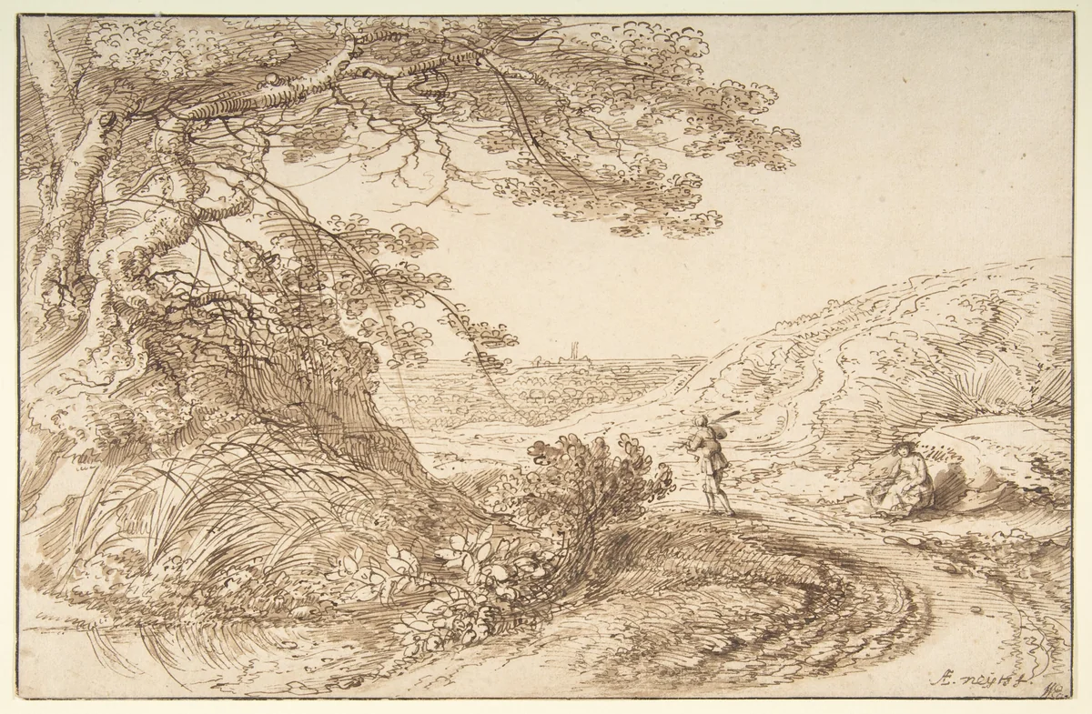 Landscape with old trees and figures by Gillis Neyts, drawing, 1635-1687