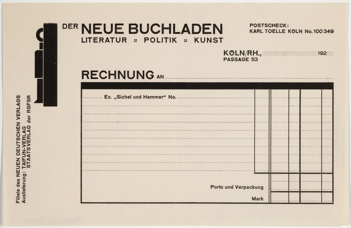 Der neue Buchladen, Literature, Politik, Kunst, Rechnung by Franz Wilhelm Seiwert, design, 1925