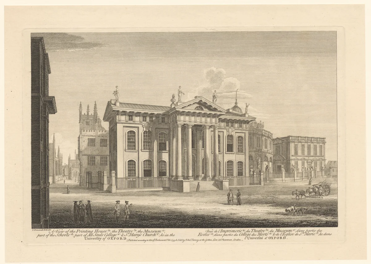 Gezicht op Clarendon Building by William Woollett, print, 1755