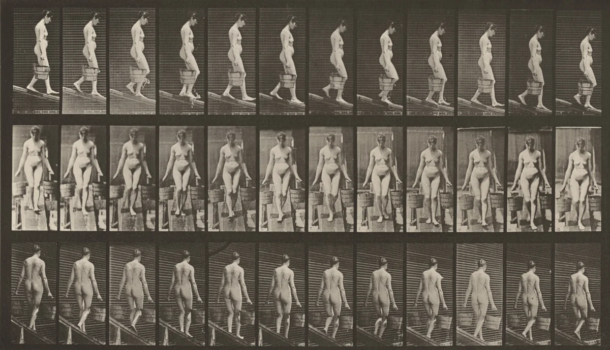 Plate Number 121. Descending an incline with a bucket of water in each hand by Eadweard Muybridge, photograph, 1887